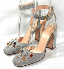J.Crew Harlow Vicky Silver Glitter Jewel Ankle-Strap Pumps 8 