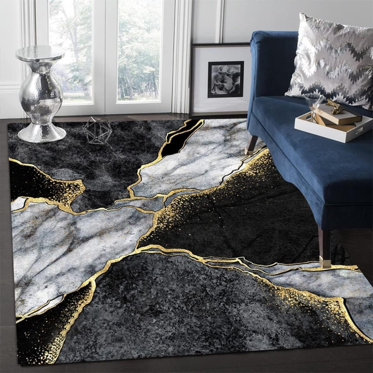 Modern Aesthetic Grey Black Gold Marble Abstract Area Rug 5x7 Non-Shedding So...