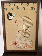 VTG Japanese Geisha Oshie Art 3D Relief Framed Silk Fabric Kimono Wall Hanging