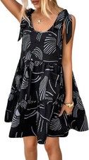 Black Women’s Boho Floral Ruffle Mini Dress Shoulder Tie Babydoll Black, L NWT