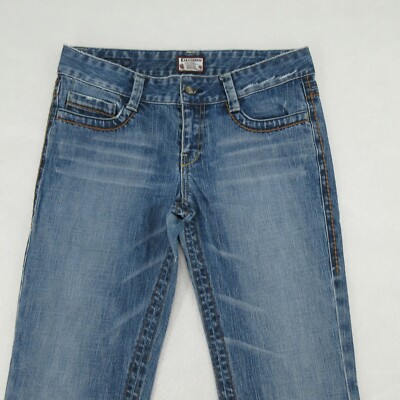 Kali Denim Womens Flared Stretch Low Rise 5 Pocket Faded Whiskered Jeans Size 11