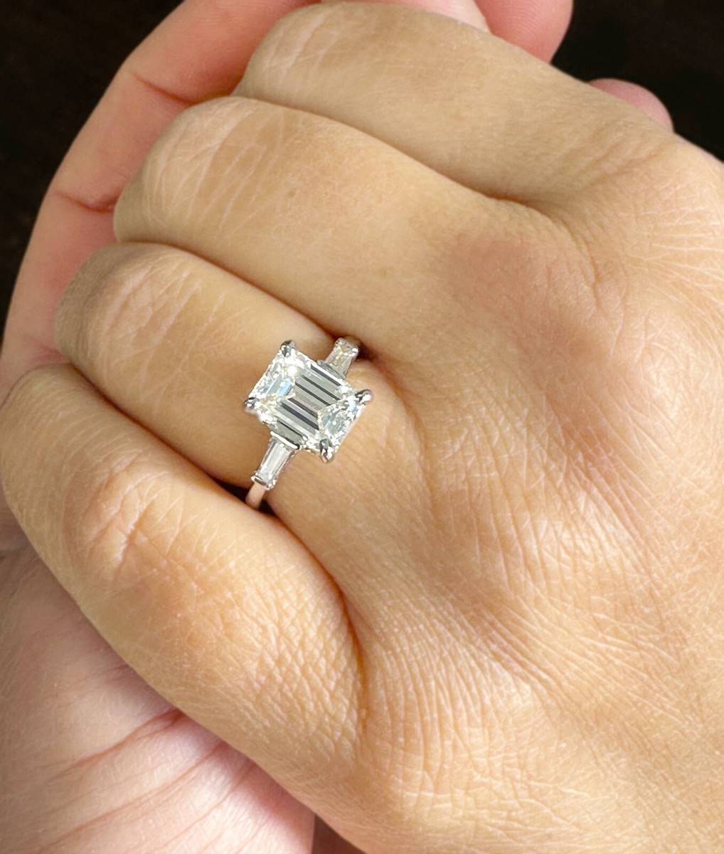 Emerald Cut Moissanite And Baguettes Engagement Ring 14k Solid