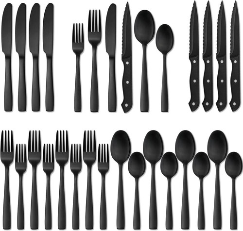 24-Piece Matte Black Silverware Set, Stainless Steel Flatware Cutlery, Kitchen - Picture 17 of 24