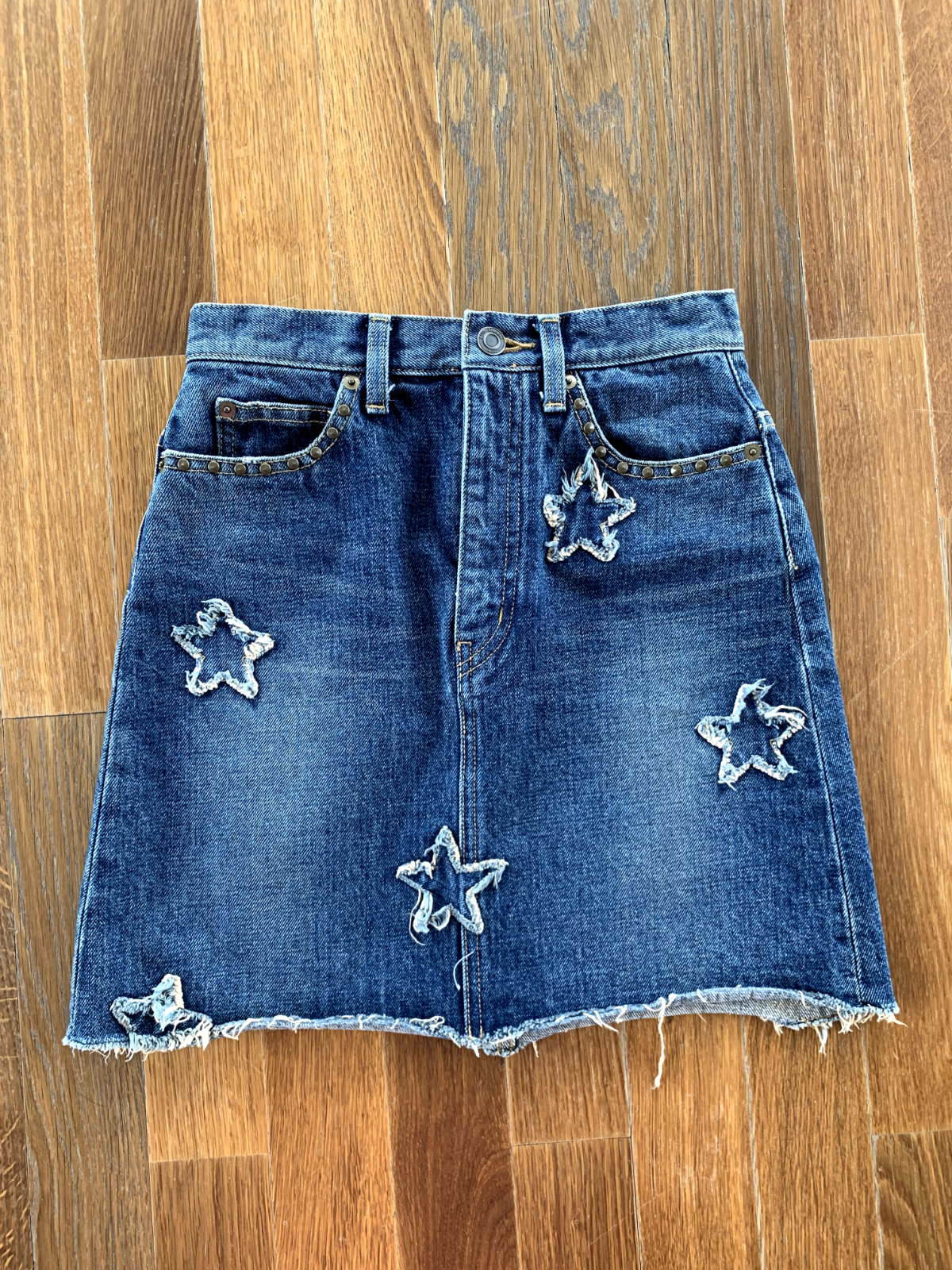 Autentica gonna denim Saint Laurent Star effetto invecchiato ""Made in Japan"" taglia 25