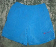 VTG 80s CHAMPION SWIM SHORTS MENS LARGE BLUE SPELL OUT LOGO TRUNK BEACH OCEAN
