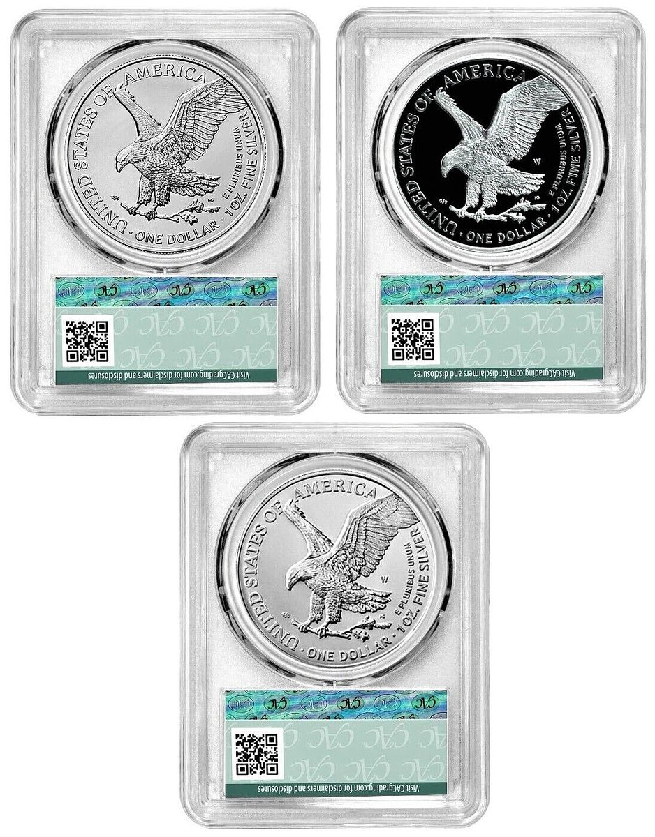 2023 SILVER EAGLE 3 COIN SET-CAC PR 70 AND MS 70 FIRST DELIVERY