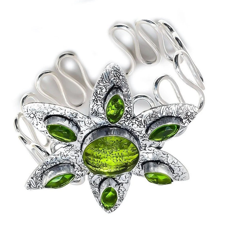 Green Peridot Gemstone Ethnic 925 Sterling Silver Handmade Jewelry Bangle/Cuff - Image 4 of 4
