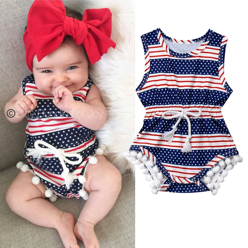 Baby Girl 4th of July Romper Summer Outfits Striped Tassel