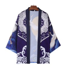 Herren Japanische Kimono Bademantel Offen Vorne Fliegen Crane Drachen Yukata