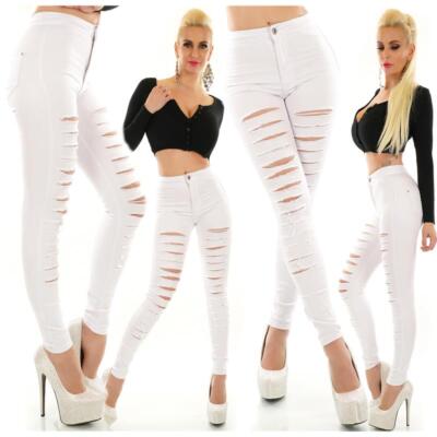 Damen High Waist Skinny Jeans mit Rissen Destroyed-Look Weiß #H2343
