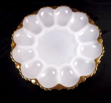 Anchor Hocking milk glass 10" round deviled egg plate gold border holds 12