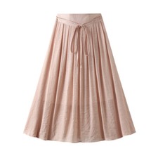 Women's mid length skirt pleated summer tie front solid color long skirt