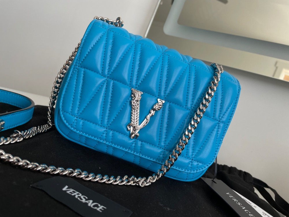 Brand New Versace Virtus Quilted Lambskin Leather Blue Shoulder Bag