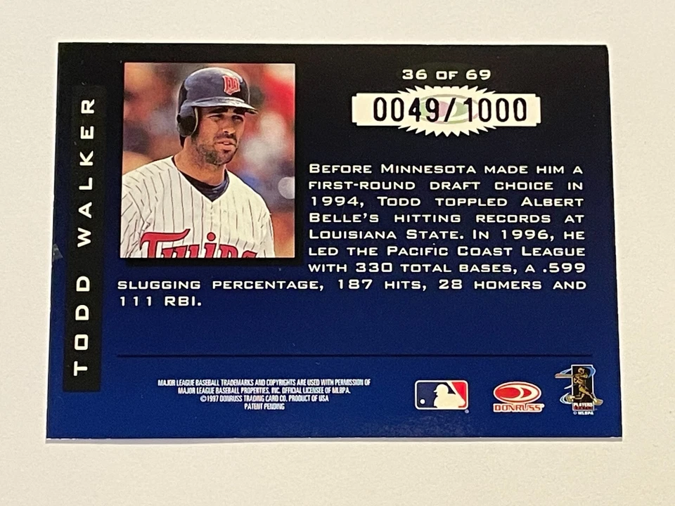 1997 Donruss Limited Baseball Fabric of the Game #/1000 - Todd Walker - Twins - Image 2 of 3