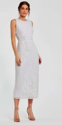 Mac Duggal Midi Length Sequined Dress/White/Size 4