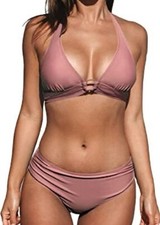Cupshe Two Piece Bikini Women s US Size S Blush Ruched Hipster Halter Top NWT