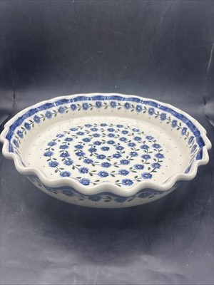 Vintage Handmade Polish Pottery Stoneware Scalloped Fluted Pie Bake Dish 10 
