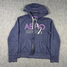 Aeropostale Womens Blue Full Zip Hoodie Aero Eighty Seven Chenille Logo Large