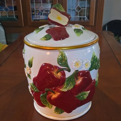 Vintage Summertime Ceramic Apple and White Flower Pattern Cookie Jar with Lid