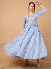 Blue Kurta Women Solid Flared Anarkali Kurti Gown Dress NEW
