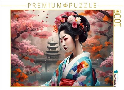 CALVENDO Puzzle Geisha im Frühling mit Tempel im Hintergrund | 1000 Teile Lege-G