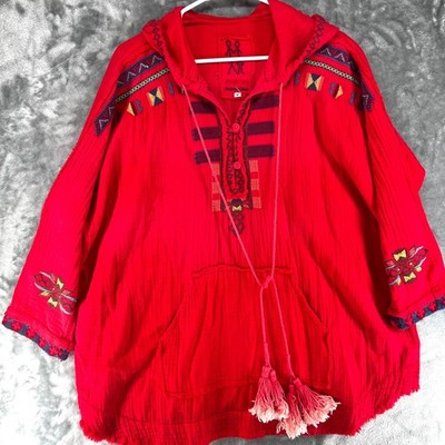 Johnny Was Red Embroidered Hooded Pullover Tunic  Women's M Aztec Bohemian