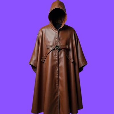 Brown Leather Hooded Cloak: Medieval Cosplay Buckle Fastening