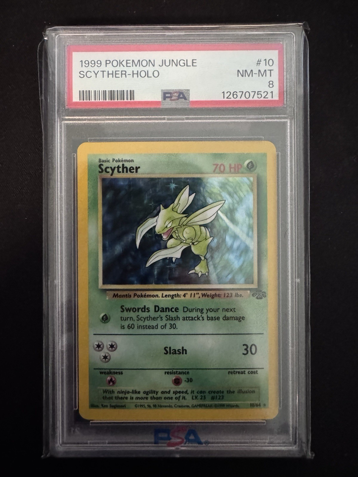 Pokemon - 1999 Scyther 10/64 Jungle Holo - PSA 8 NM MINT