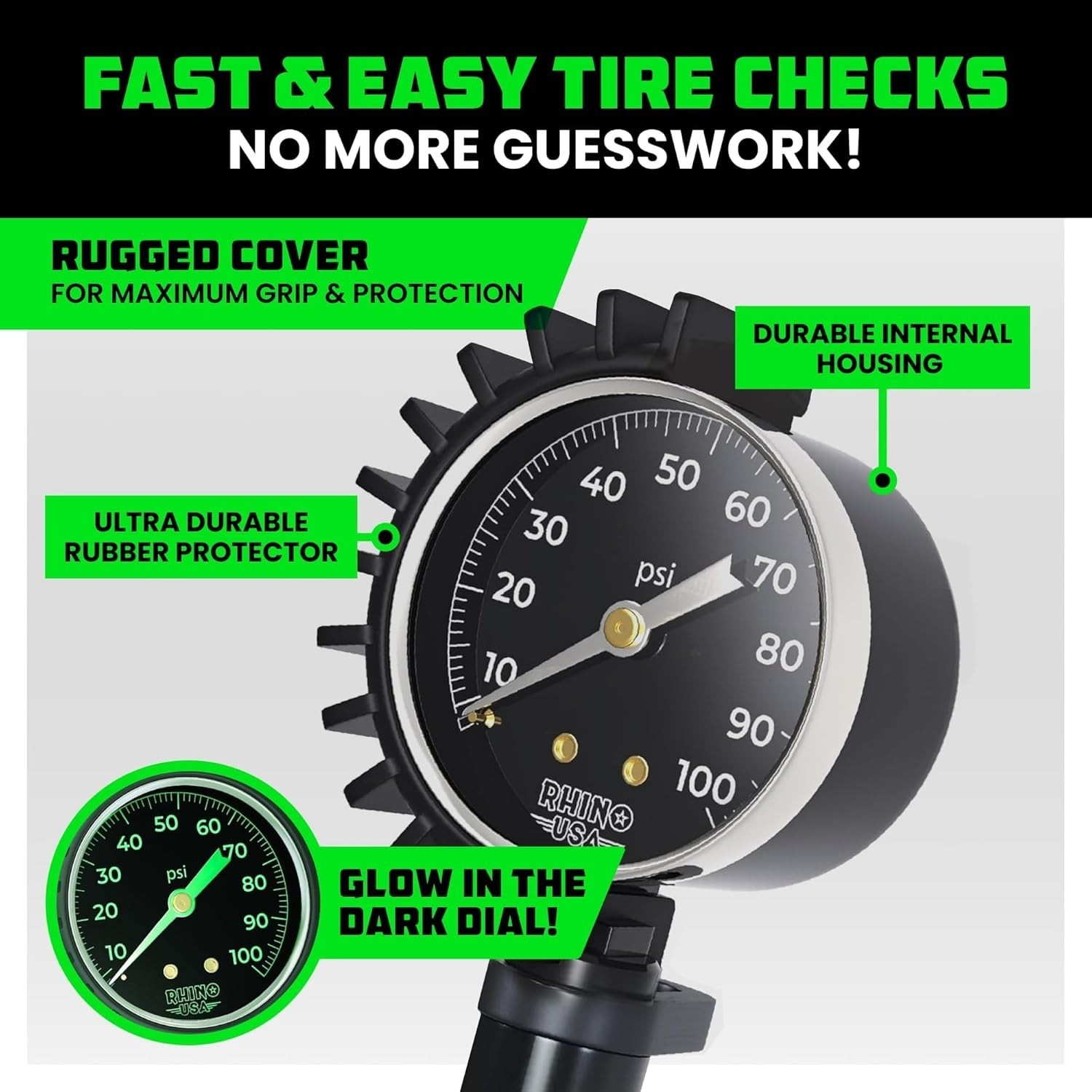 Tire Pressure Gauge with Inflator (0-100 PSI) - Heavy Duty Air Chuck and Compres