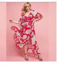 Lane Bryant Faux Wrap Kimono Sleeve Dress Red And White Floral Print Size 16