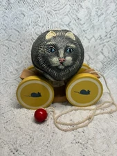 VINTAGE 1988 BRIERE CAT FACE Folk Art Pull Toy  Cart /Cradle  #1792