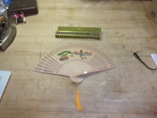 vintage bamboo wood carved chinese hand fan double sided w/box FREE SHIPPING