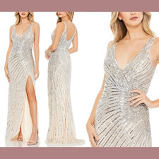 NWT $398 Mac Duggal [ 4 ] Sequin Beaded A-Line Evening Gown Nude Silver #Q689