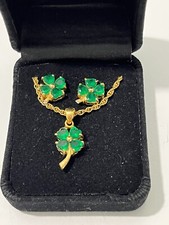 21" Green Clover Leaf Gemstone Necklace Earring Set NIB