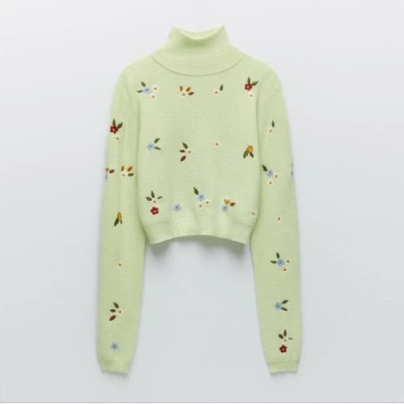 NWT ZARA Embroidered Floral Knit Sweater Beach Cropped Green/Mint Pastel  Size S | eBay