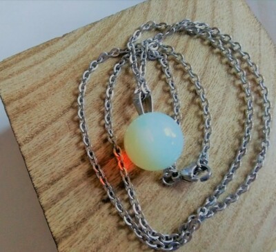 Opalite Crystal Ball Orb 14mm Sphere 18'' Stainless Steel Cable Chain