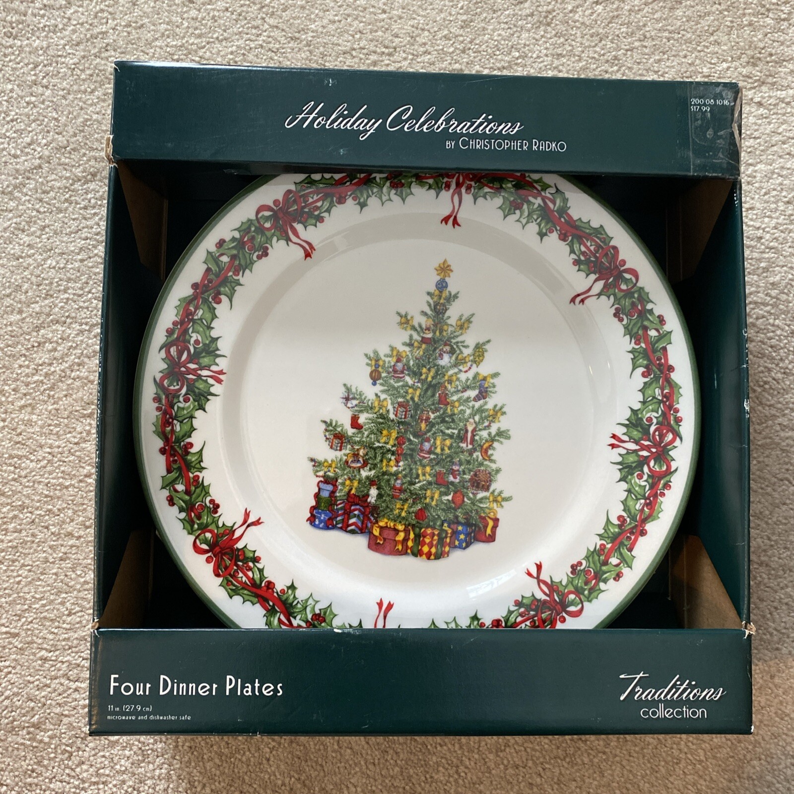Set of 4 christopher radko holiday celebrations dinner plates dishes