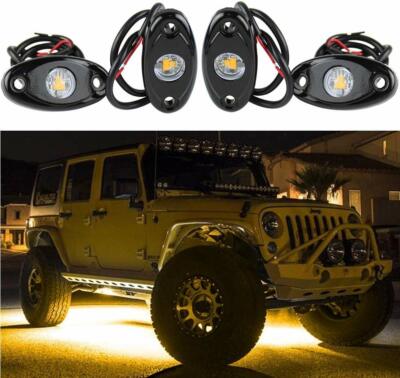 4Pcs Yellow LED Rock Lights for Jeep Offroad Truck Under Body Trail Rig Lamps