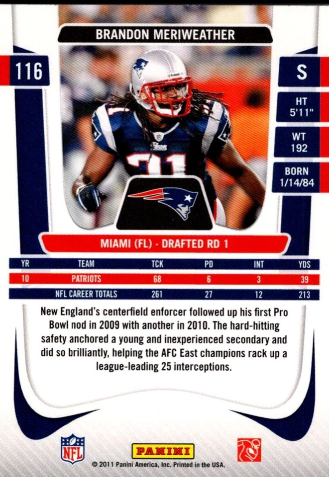 2011 Panini Prestige Brandon Meriweather New England Patriots #116 - Image 2 of 2