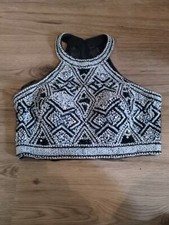 JULIET Beaded Prom Homecoming Dress TOP Medium Large L Sequin Black Silver Crop