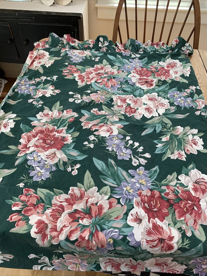 VTG 90s SPRINGMAID Twin Flat Sheet Pillow Shams Floral Green Ruffled Flaw Cotton - Image 2 of 4