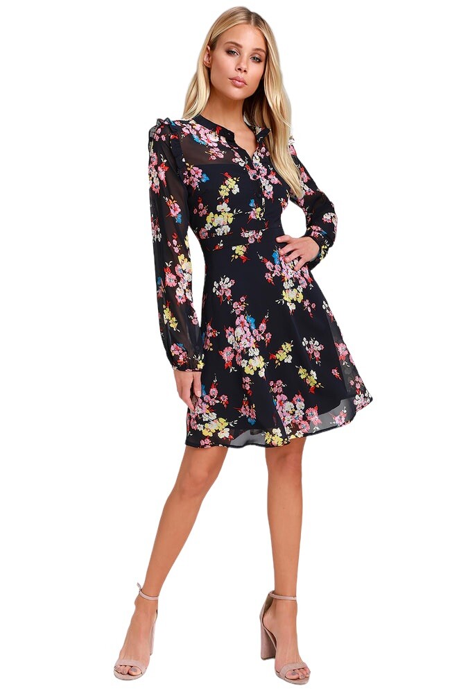 long sleeve skater dress floral Black boohoo Floral Long Sleeve Skater Dress
