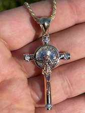 Solid 925 Silver Cross W. Jesus Pendant Yellow & Rose Gold Plated Necklace CZ
