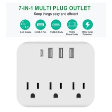 3 Outlets Wall Outlet Extender with 3 USB Ports 1 Type C, Surge Protector
