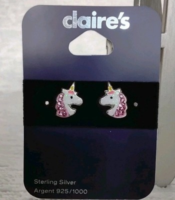 Claire's Unicorn Earrings 925 Sterling Silver Post Studs Glitter Pink White New