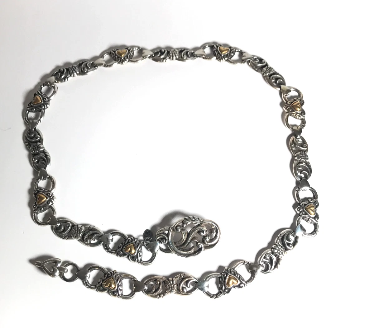 Boho Southwestern Two Tone Metal Floral Chain Belt VTG 36” Long Silver Gold tone Vintage White Leather & Gold Tone Metal Chain Belt Womens M  main image 2