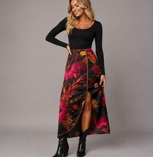 Farm Rio Anthropologie Wrap Front Slit Midi Skirt XL Black Pink Floral Tropical