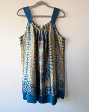 Oscar de la Renta Satin Blue Gold Medallion Print Sleeveless Shift Dress Size L