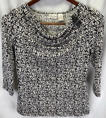 Kim Rogers Women s Petite Top Black White Gray Size PS Buckle Accent 3/4 Sleeve