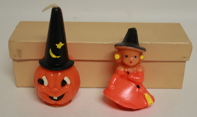Set of 2 Curley Candle Co. Halloween Funny Smiling Pumpkin & Cute Witch w/Broom